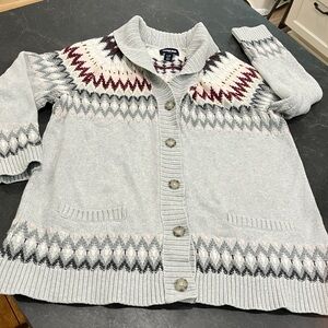 100% cotton Women’s Lands' End Gray Cardigan with Red and White Accents